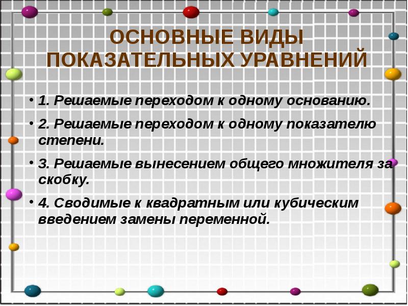 ОСНОВНЫЕ ВИДЫ ПОКАЗАТЕЛЬНЫХ УРАВНЕНИЙ
1. Решаемые переходом к одному основанию.
2. ОСНОВНЫЕ ВИДЫ ПОКАЗАТЕЛЬНЫХ УРАВНЕНИЙ
1. Решаемые переходом к одному основанию.
2.