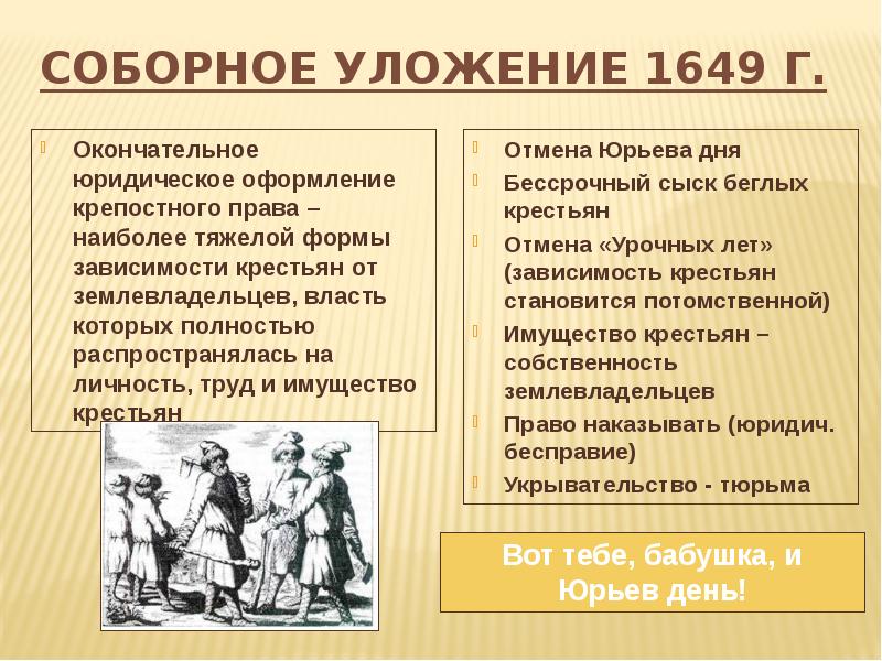 Положение крестьян и посадских людей по соборному уложению 1649 г проект 7 класс