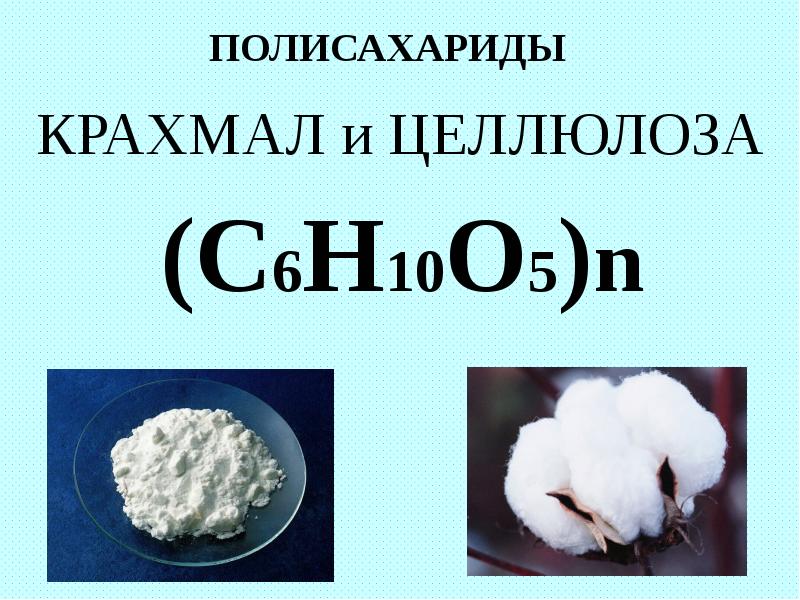 КРАХМАЛ и ЦЕЛЛЮЛОЗА
(С6Н10О5)n КРАХМАЛ и ЦЕЛЛЮЛОЗА
(С6Н10О5)n