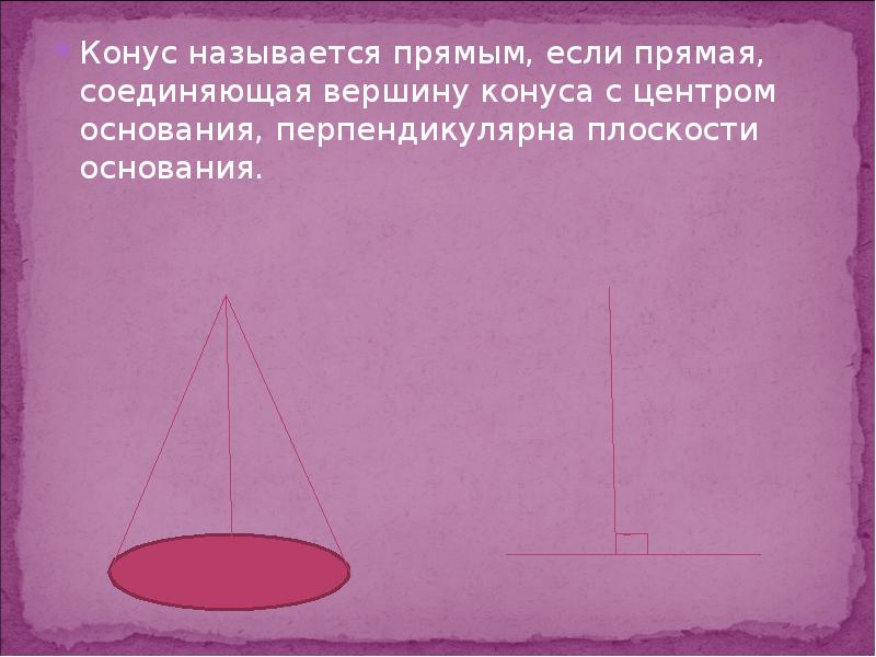 Конус называется прямым, если прямая, соединяющая вершину конуса с центром основания, Конус называется прямым, если прямая, соединяющая вершину конуса с центром основания,