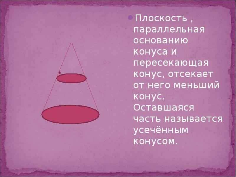 Плоскость , параллельная основанию конуса и пересекающая конус, отсекает от него Плоскость , параллельная основанию конуса и пересекающая конус, отсекает от него