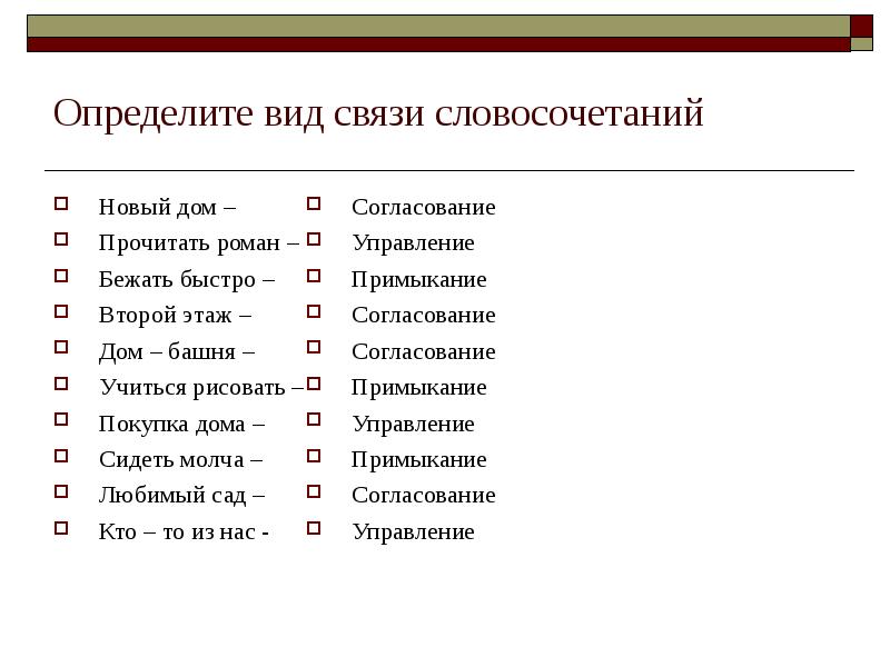 Определите вид связи словосочетаний Новый дом –  Прочитать роман –