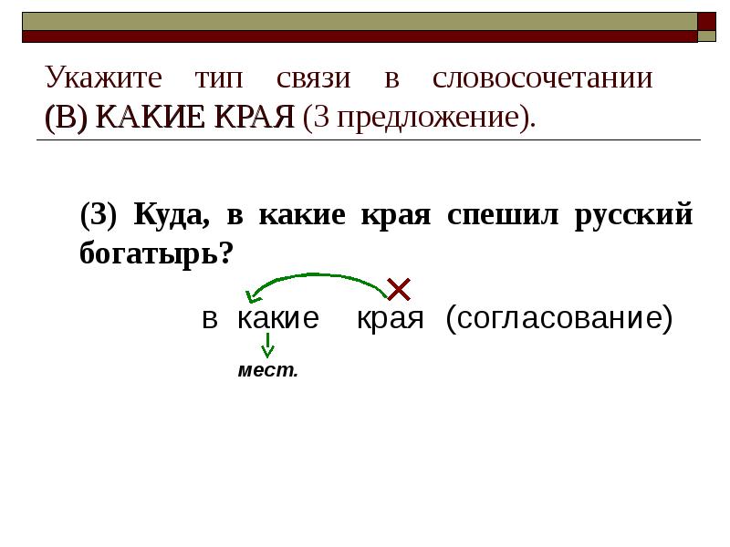 Укажите тип связи в словосочетании  (В) КАКИЕ КРАЯ (3 предложение).