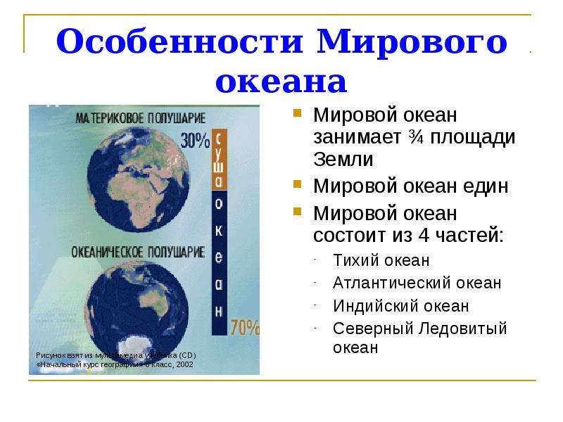 Особенности Мирового океана Мировой океан занимает ¾ площади Земли Мировой океан