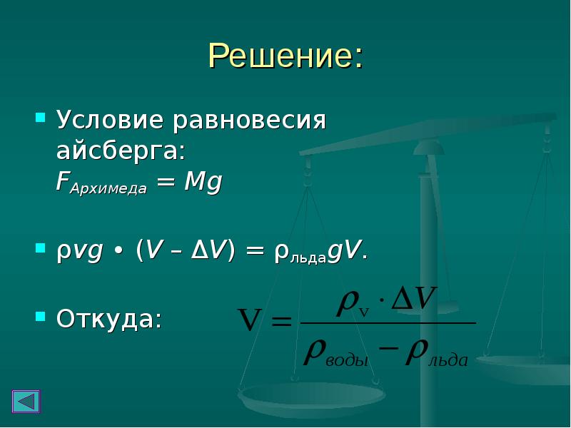 Решение: Условие равновесия айсберга: FАрхимеда = Mg  ρvg ∙ (V – ΔV)