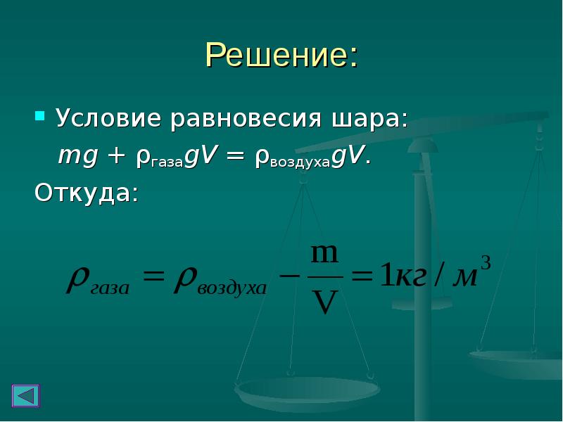 Решение: Условие равновесия шара:   mg + ρгазаgV = ρвоздухаgV.