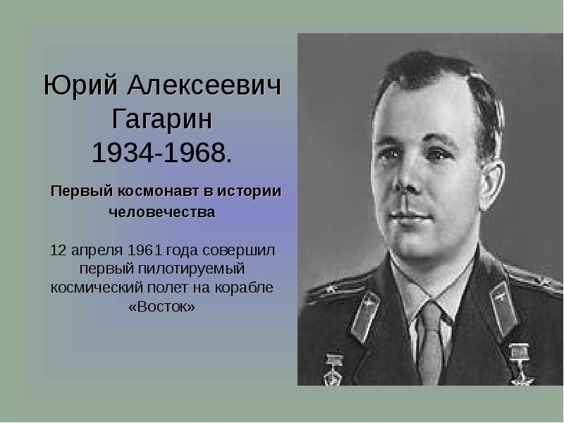 Юрий Алексеевич Гагарин 1934-1968.  Первый космонавт в истории человечества 