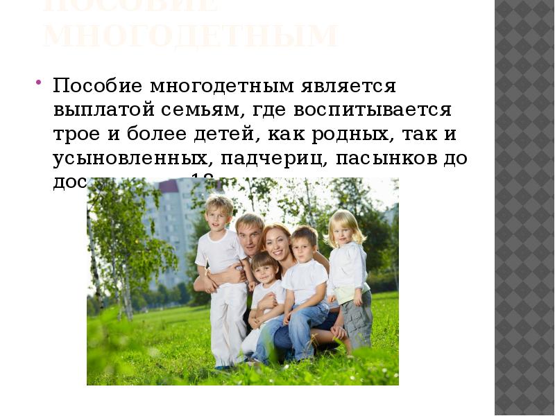 Пособие является. Льготы многодетным семьям презентация. Понятие семья и многодетная семья. Презентация на тему выплаты многодетным семьям. Доклад по многодетным семьям.