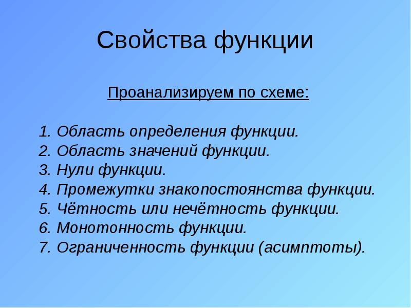 Свойства функции
Проанализируем по схеме:
1. Область Свойства функции
Проанализируем по схеме:
1. Область