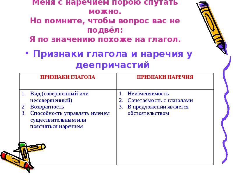 Признаки глагола и наречия у деепричастия. Неизменяемость деепричастия как определить. Пора наречие. Как понять неизменяемость деепричастия.