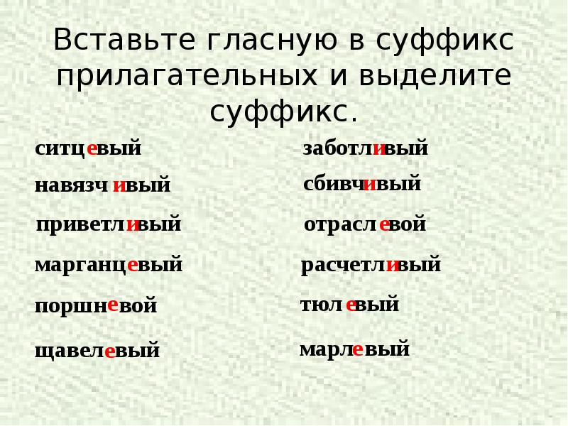 Вставьте гласную в суффикс прилагательных и выделите суффикс. Вставьте гласную в суффикс прилагательных и выделите суффикс.