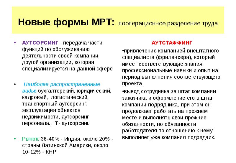 Виды международного разделения труда. Виды и формы международного разделения труда. Виды мрт (Международное Разделение труда. Формы мрт аутсорсинг. Основные формы мрт экономика.