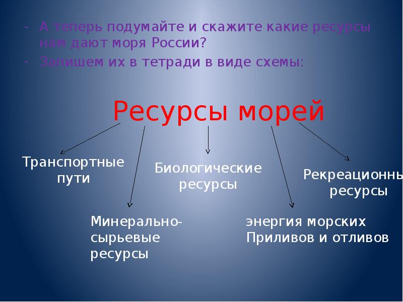 А теперь подумайте и скажите какие ресурсы нам дают моря России?
А теперь подумайте и скажите какие ресурсы нам дают моря России?