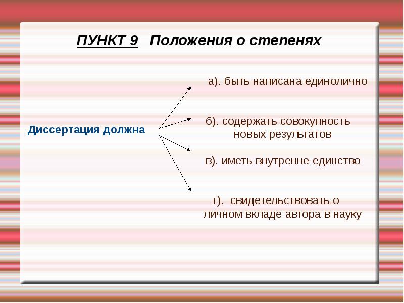 Положение 9. Степени положения. Диссертация личный вклад.