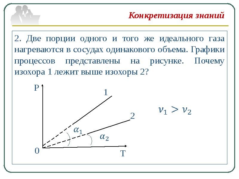 На рисунке изображены две изохоры для двух идеальных газов сравните объемы v1 и v2