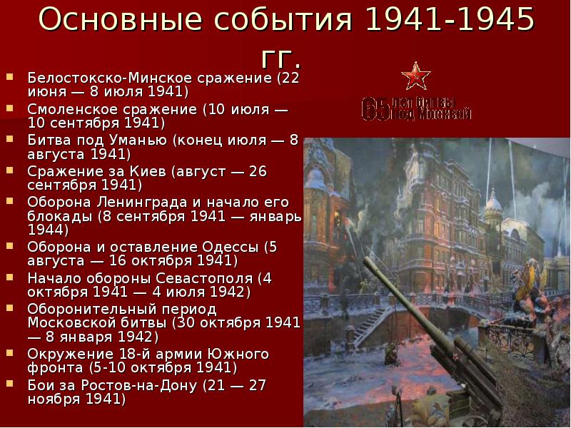 Основные события 1941-1945 гг.  Белостокско-Минское сражение (22 июня — 8
