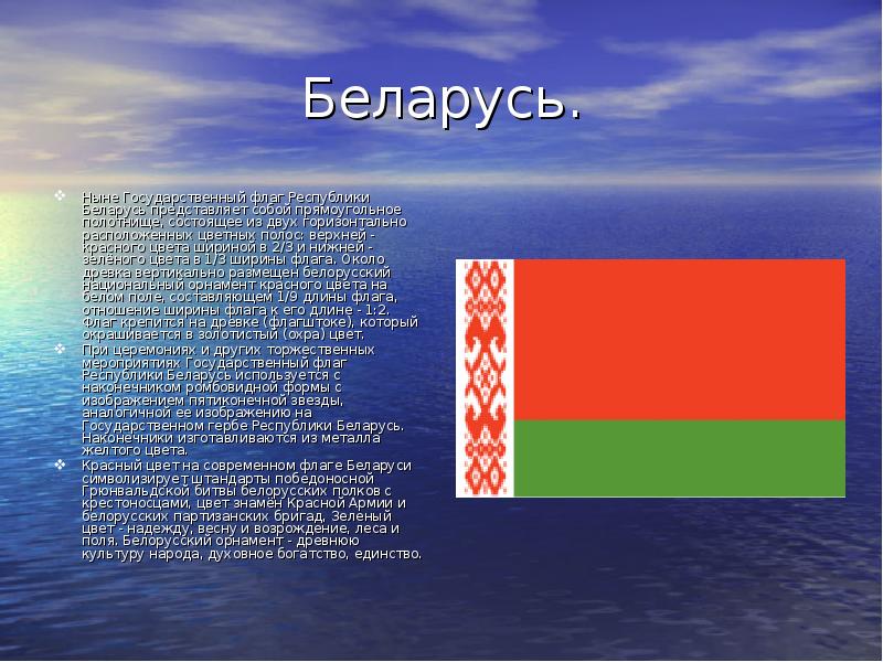 Беларусь. Ныне Государственный флаг Республики Беларусь представляет собой прямоугольное полотнище, состоящее