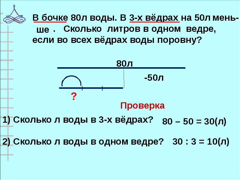 Сколько 4 меньше 12. Схема задачи в литрах. Схематическое решение задачи воды в бочке. В четырёх бочках 975 литров кваса. Сколько литров воды в одном ведре.