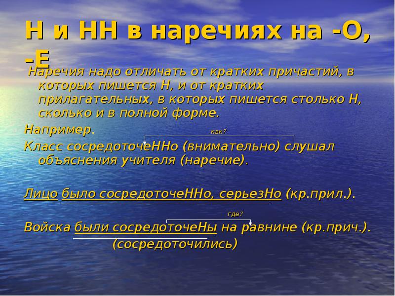 Презентация н и нн в наречиях на о и е