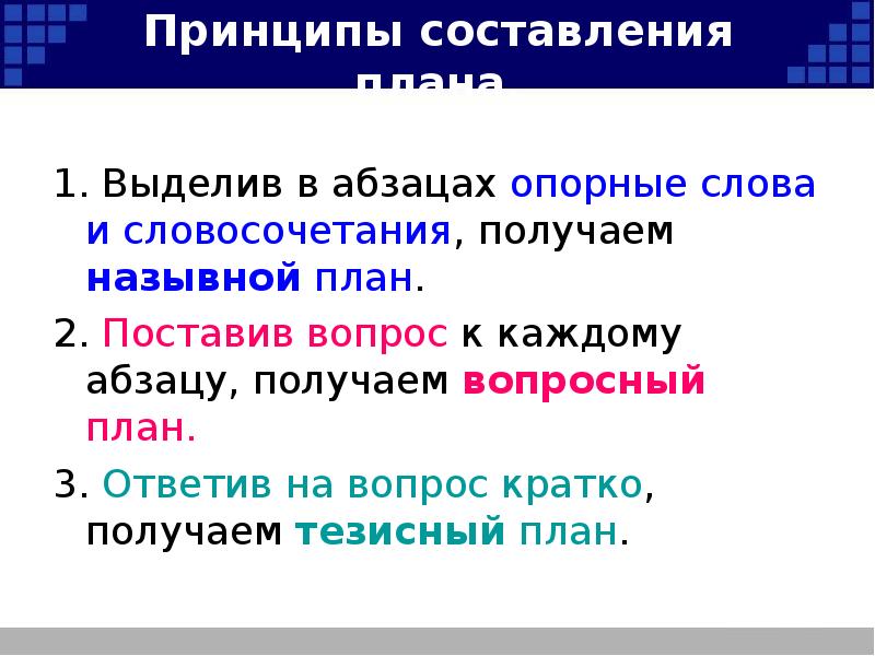 Составьте вопросный план к тексту. Назывной план Вопросный план тезисный план. Принципы составления плана текста. Схема составления плана текста. Виды планов текста.