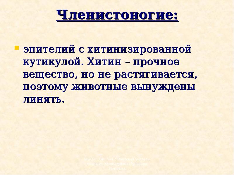 Членистоногие:  эпителий с хитинизированной кутикулой. Хитин – прочное вещество, но