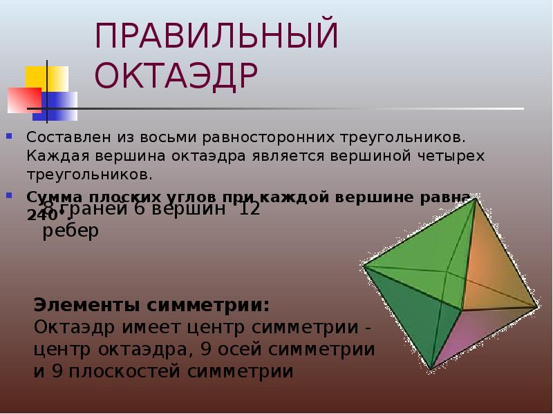 Свойства октаэдра. Сумма плоских углов при вершине октаэдра. Правильный октаэдр. Октаэдр углы. Углы правильного октаэдра.