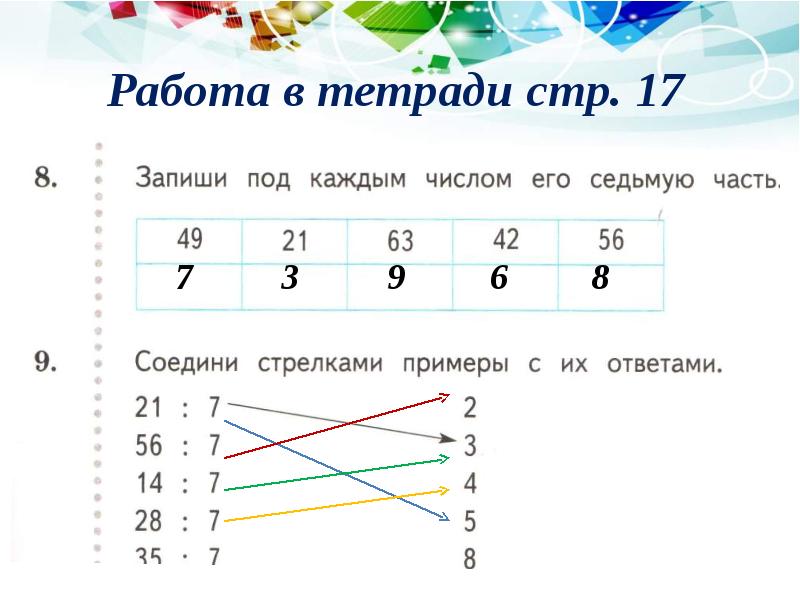 Число 7 умножили на 7. Запиши под каждым числом его 7 часть. Запиши под каждым числом его седьмую часть. Седьмая часть числа. Задачи на умножения числа 7.