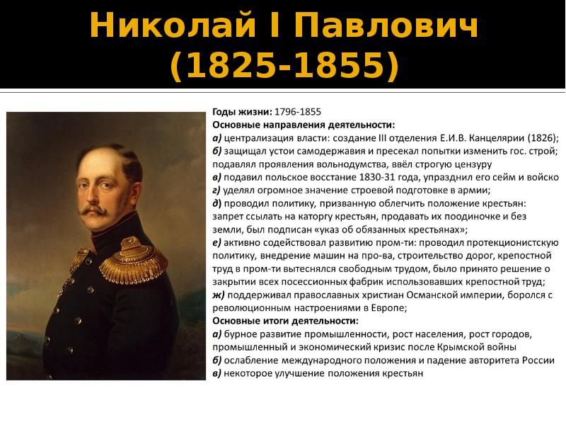 Поражение николая 1. Император правивший с 1825 по 1855.