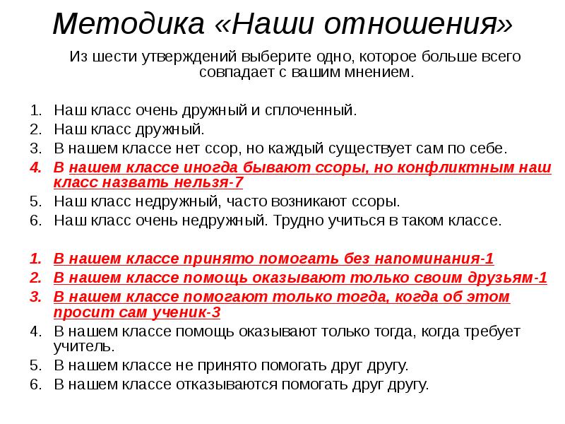 Выбрать три утверждения из шести. Методика наши отношения. Методика «наши отношения» (Фридман л.м.). Методика наши отношения Результаты. Методика Фридмана.