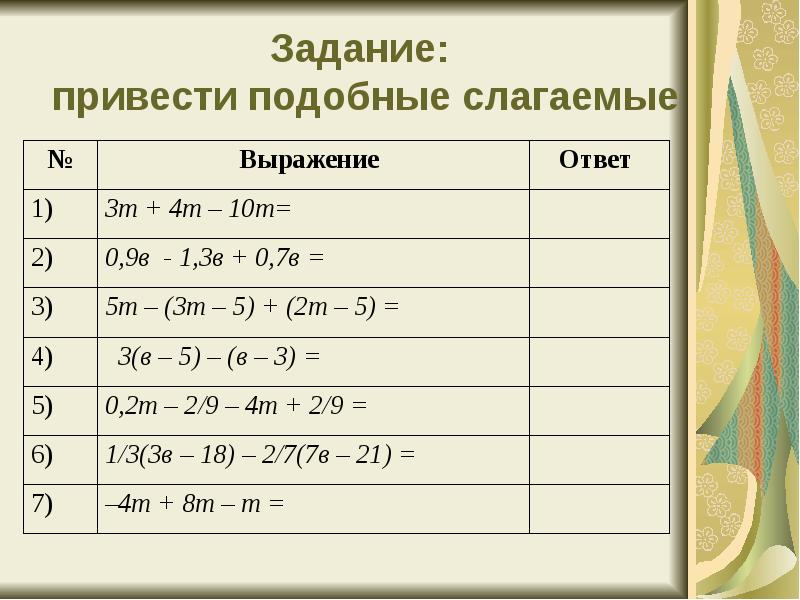 Подобные слагаемые 6 класс примеры с ответами образцы