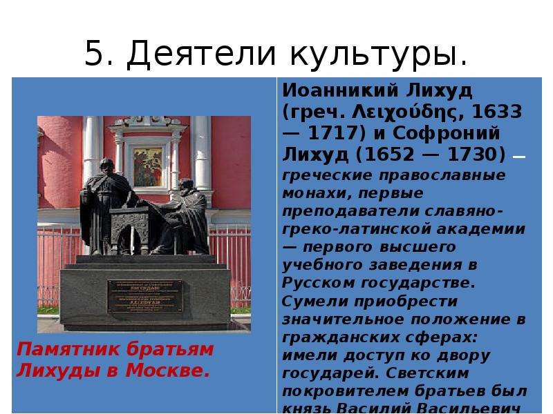 Сообщение о деятеле культуры. Памятник братьям Лихудам в Москве. Деятели культуры 17 века. Деятели культуры 16-17 века. Деятели культуры 17-18 века.