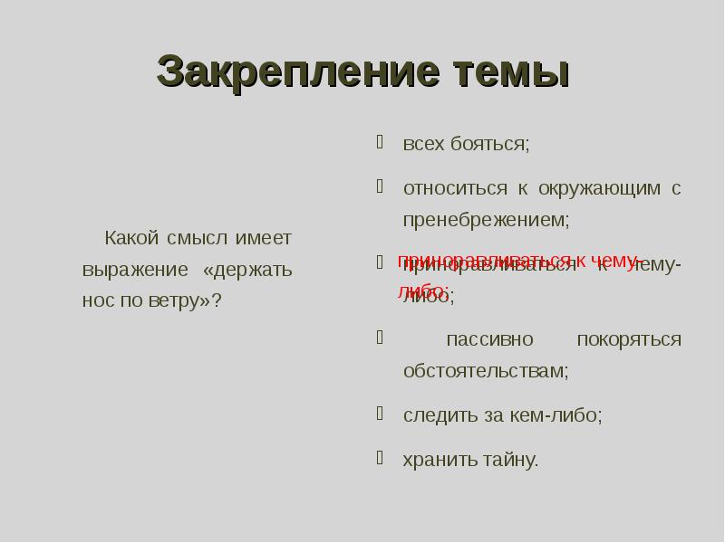 Закрепление смысла. Закрепление темы. Держать нос по ветру фразеологизм. Какой смысл имеет выражение держать нос по ветру. Держать нос по ветру значение фразеологизма.