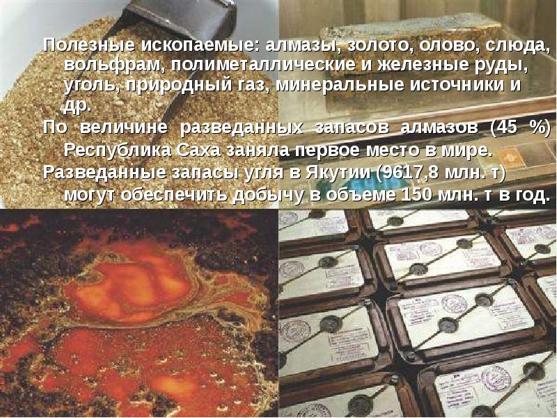 Полезные ископаемые: алмазы, золото, олово, слюда, вольфрам, полиметаллические и железные руды, Полезные ископаемые: алмазы, золото, олово, слюда, вольфрам, полиметаллические и железные руды,