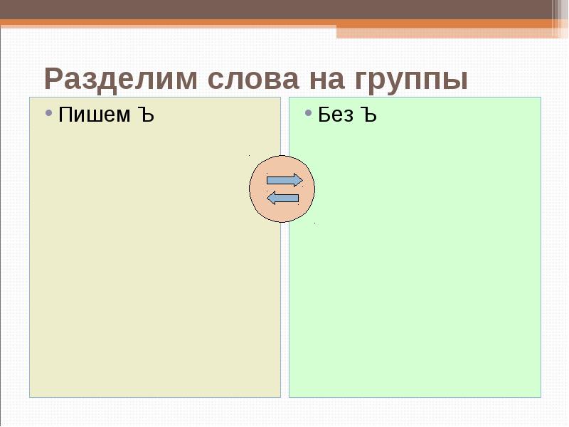 Разделим слова на группы
Пишем Ъ Разделим слова на группы
Пишем Ъ