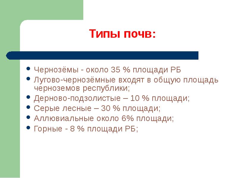 Чернозёмы - около 35 % площади РБ Чернозёмы - около 35