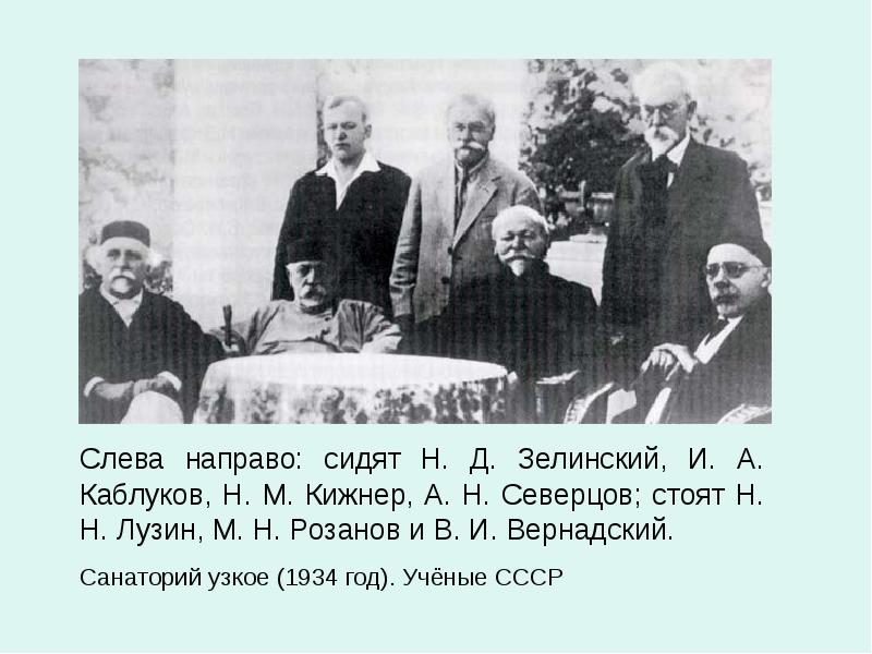 Слева направо: сидят Н. Д. Зелинский, И. А. Каблуков, Н. М.