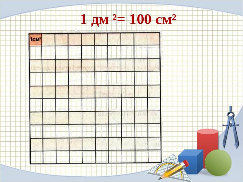 1 дм ²= 100 см² 1 дм ²= 100 см²