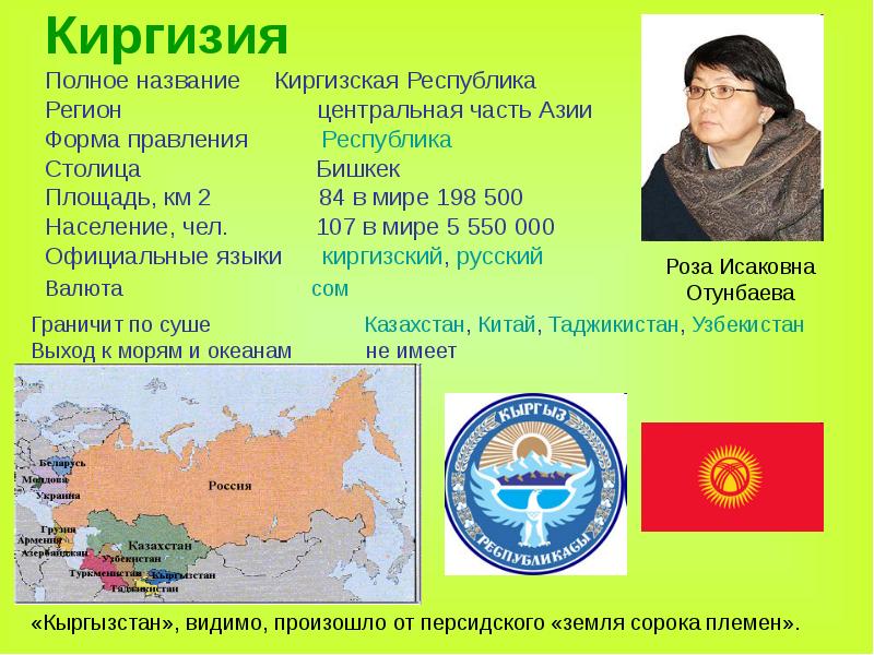 Киргизия Полное название   Киргизская Республика Регион   