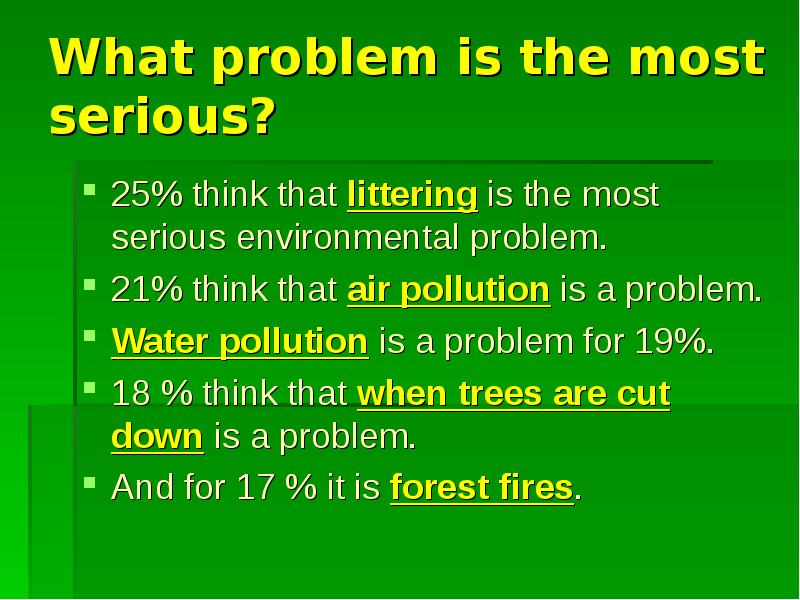The most serious problem is. The most serious environmental problems. what are the most serious environmental problems. what does the word environment mean what are the most serious environmental problems. what is the problem.
