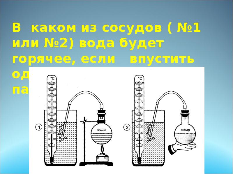 В каком из сосудов ( №1 или №2) вода будет горячее, В каком из сосудов ( №1 или №2) вода будет горячее,