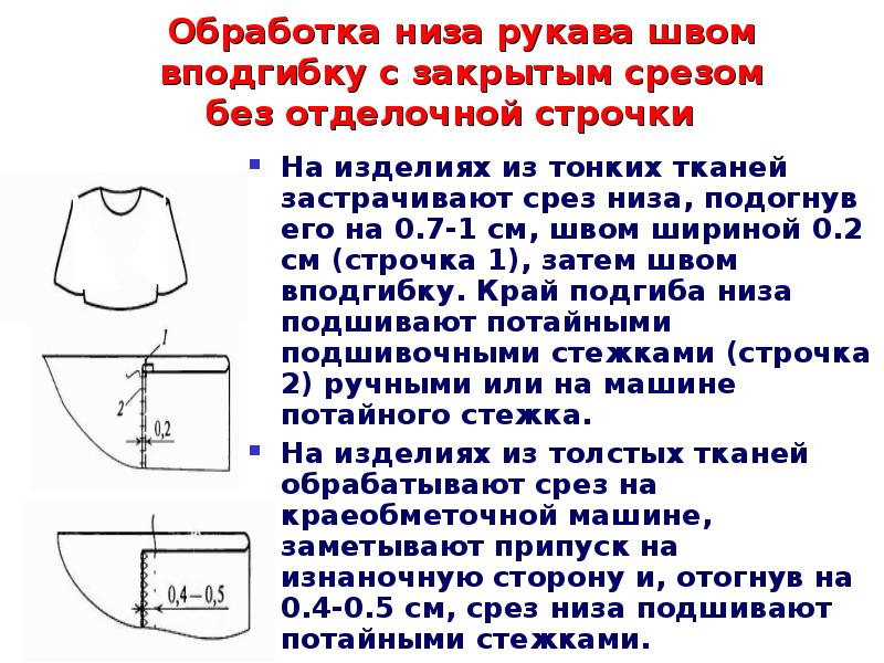 Нижние срезы рукавов обрабатывают швом нарисуйте