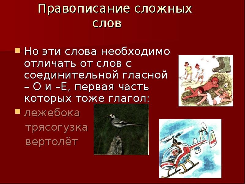 10 сложных слов. О Е В сложных словах. Лежебока это сложное слово. Картинка слово доклад.