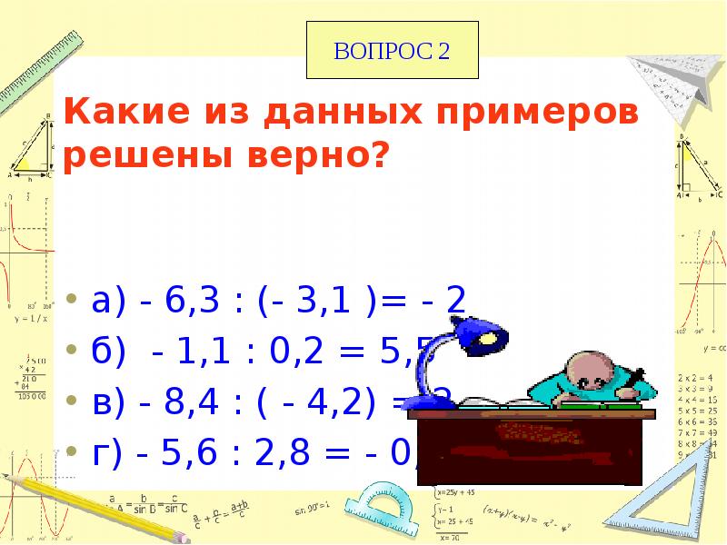 Какие из данных примеров решены верно?
а) - 6,3 : Какие из данных примеров решены верно?
а) - 6,3 :