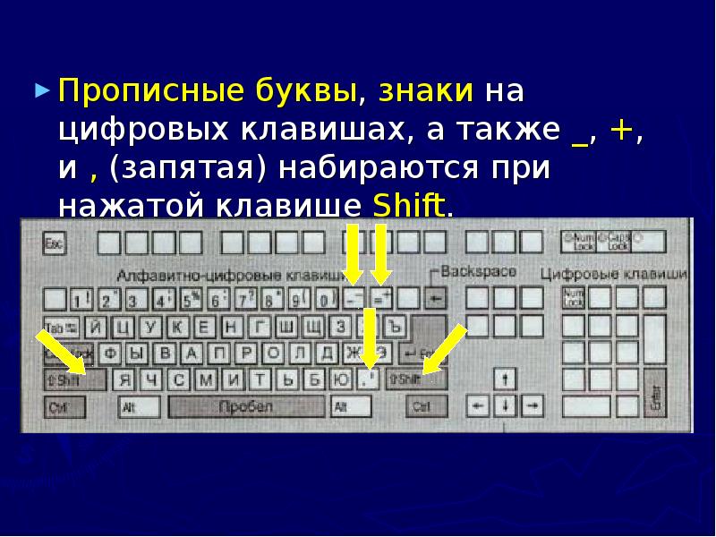 Если нажать на клавишу с изображением цифры при нажатой клавише shift то будет введен