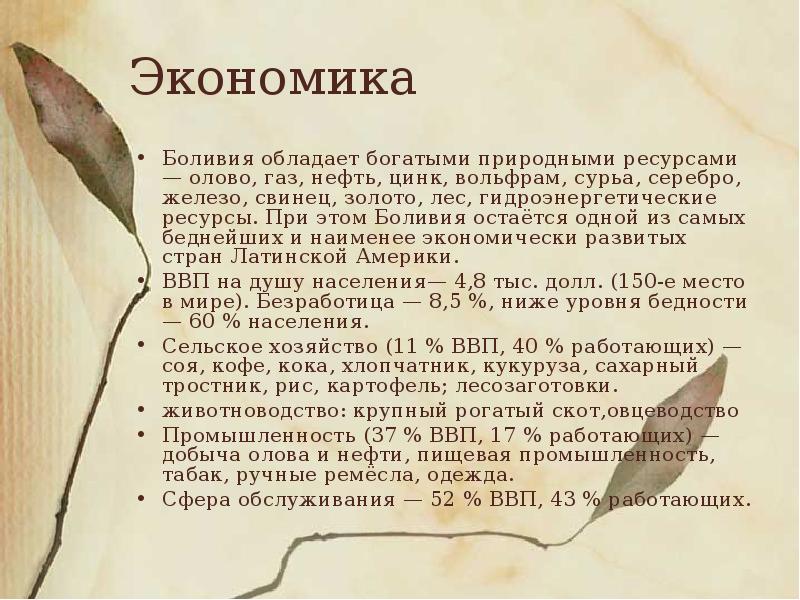 Экономика
Боливия обладает богатыми природными ресурсами — олово, газ, нефть, цинк, Экономика
Боливия обладает богатыми природными ресурсами — олово, газ, нефть, цинк,