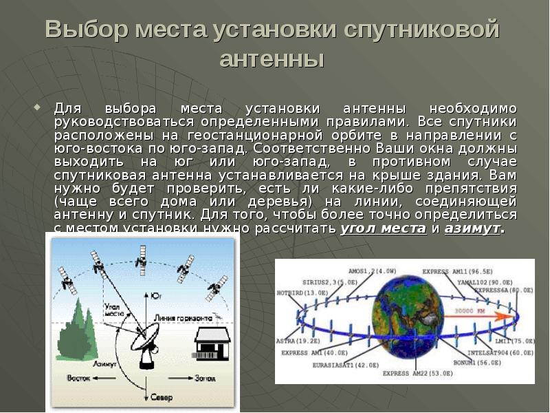 Угол места. Антенны спутников на орбите. Спутниковые антенны принцип их действия доклад. Расположение спутников ТВ на орбите по азимуту. Спутники с Запада на Восток.