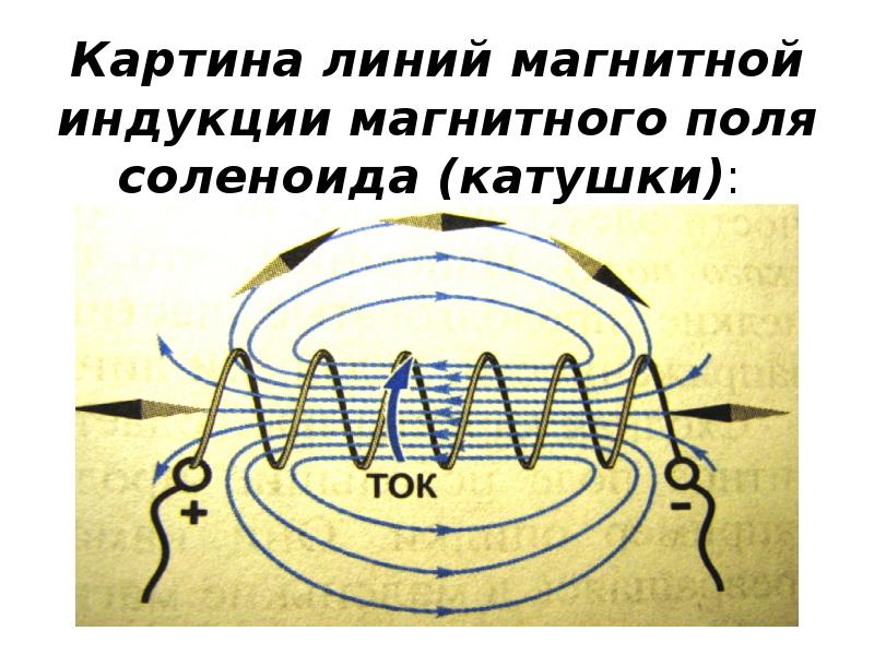 Картина линий магнитной индукции магнитного поля соленоида (катушки):