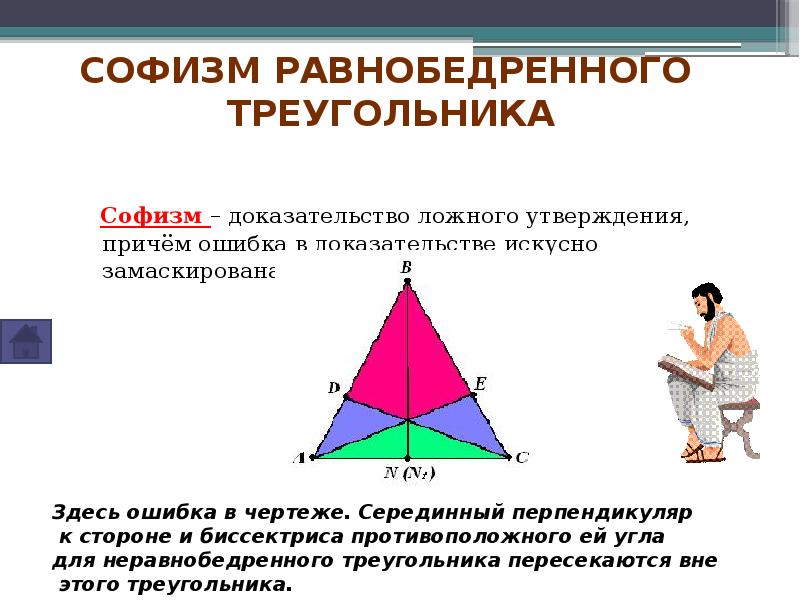 Софизм – доказательство ложного утверждения, причём ошибка в доказательстве искусно замаскирована.
Софизм – доказательство ложного утверждения, причём ошибка в доказательстве искусно замаскирована.