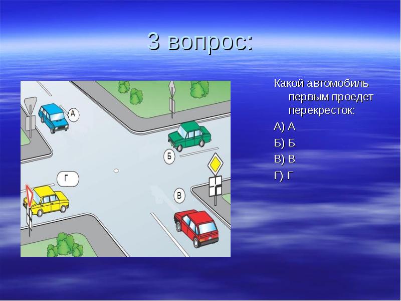 Автомобиль подъезжает к перекрестку. Перекресток для презентации. Какой автомобиль проедет первым. Кто проедет перекресток первым. Вопросы по теме перекресток.