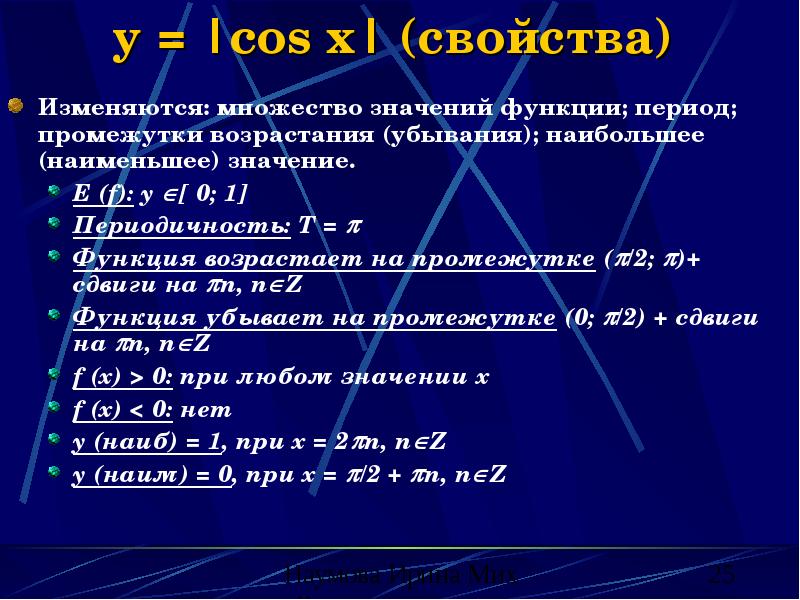 y = |cos x| (свойства)
Изменяются: множество значений функции; период; промежутки y = |cos x| (свойства)
Изменяются: множество значений функции; период; промежутки